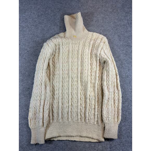 Vintage 90s Cable Knit Turtleneck Sweater Womens Medium Beige Preppy Classic - Picture 4 of 7